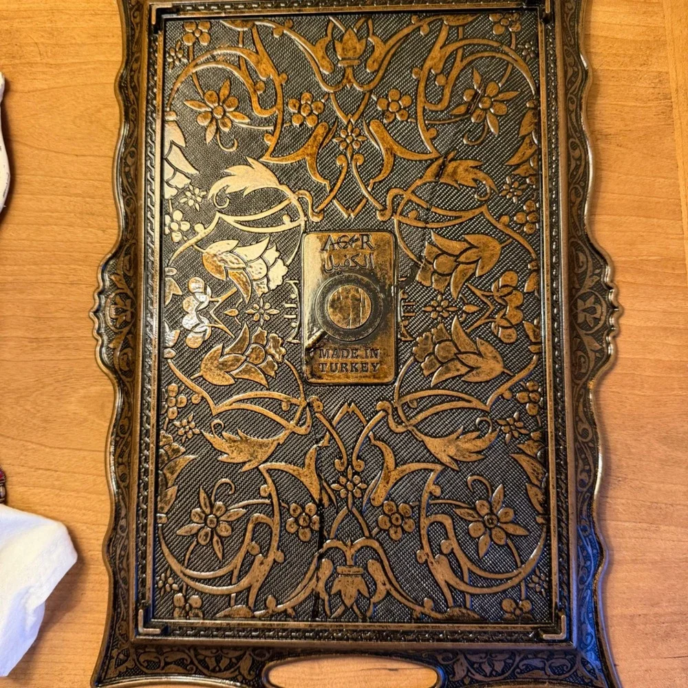 Alisveristime Turkish Zamac Decorative Tray Floral Embossed Vanity Serving